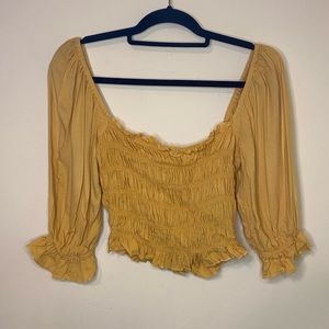 Urban Outfitters Yellow Smocked Front On/Off Shoulder Crop 3/4 Sleeve Top